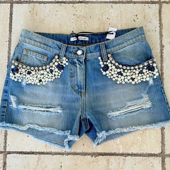 Flavio Castellani Pants - New! Flavio Castellani Jeans Shorts, Size 40, Blue with Crystals/Pearls